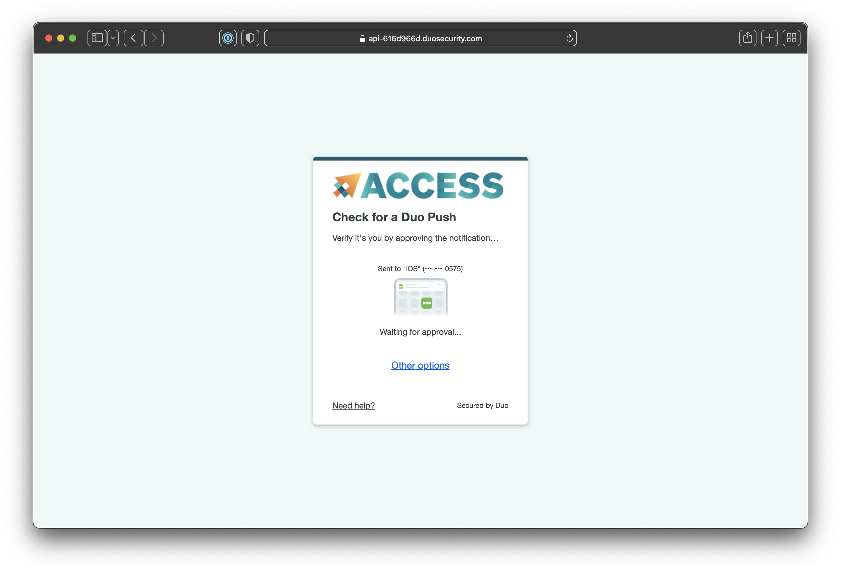 Screenshot of an ACCESS Duo MFA prompt