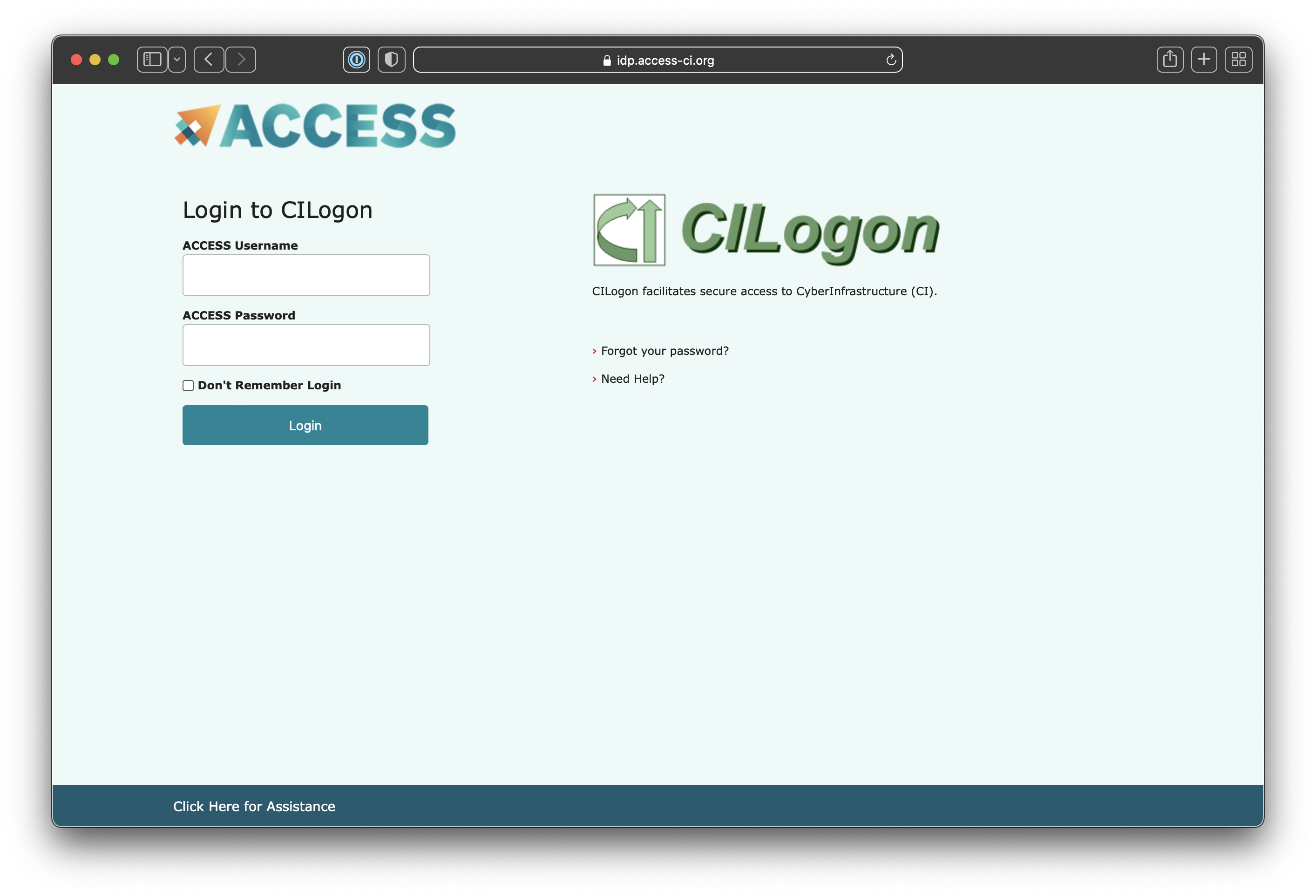 Screenshot of the ACCESS/CILogon login screen
