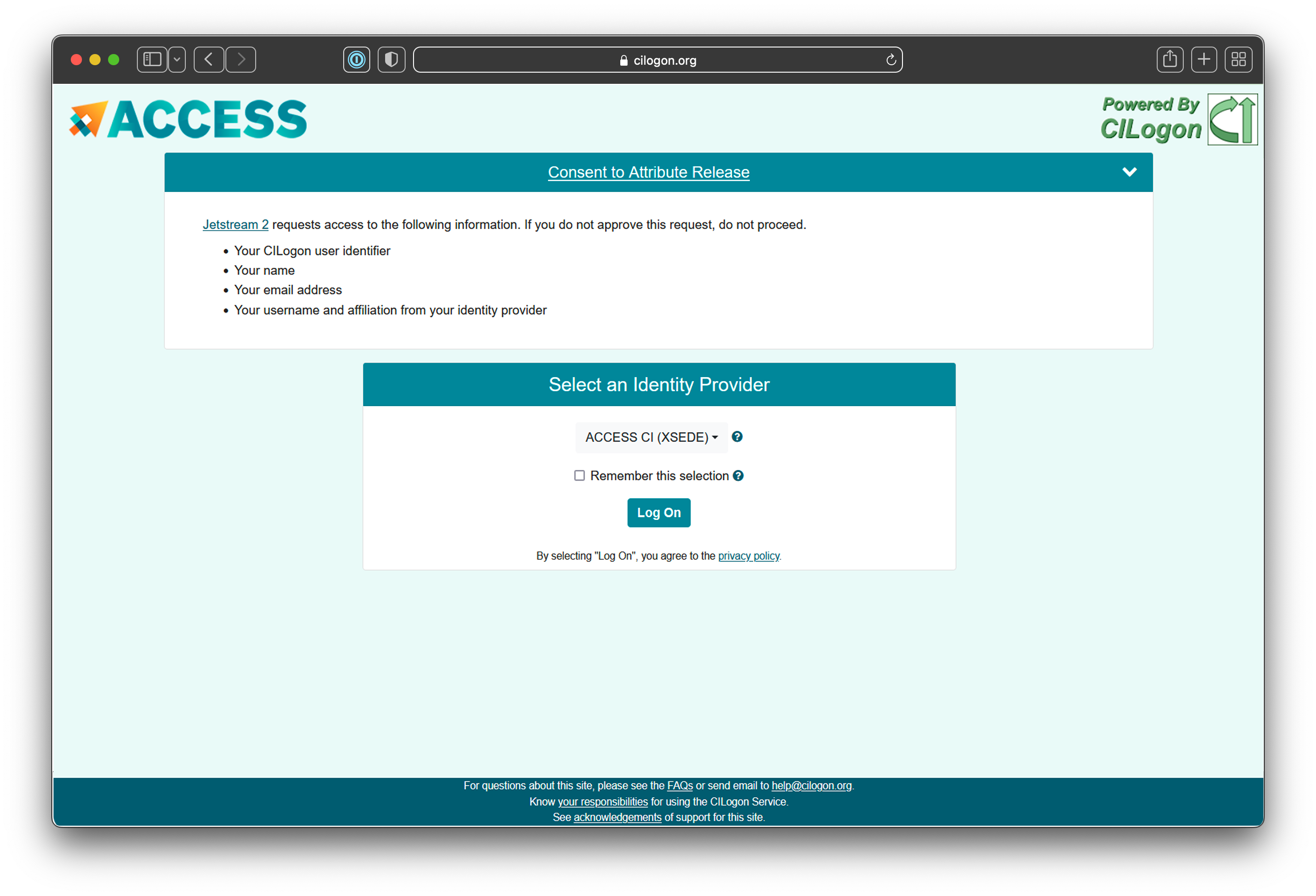 Screenshot with "ACCESS CI" selected for the "Select an Identity Provider" dropdown