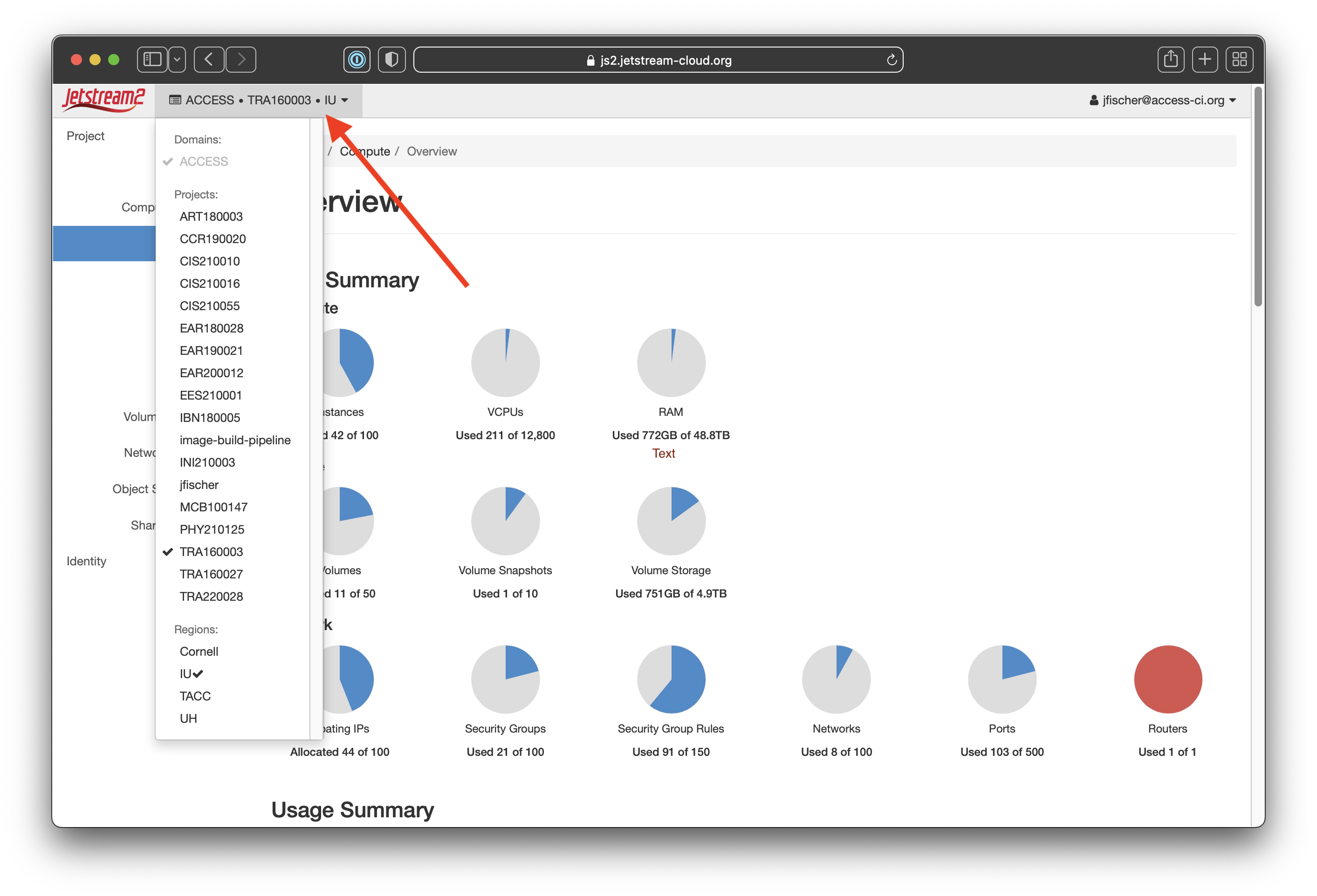 Screenshot highlighting the project selection dropdown on Horizon