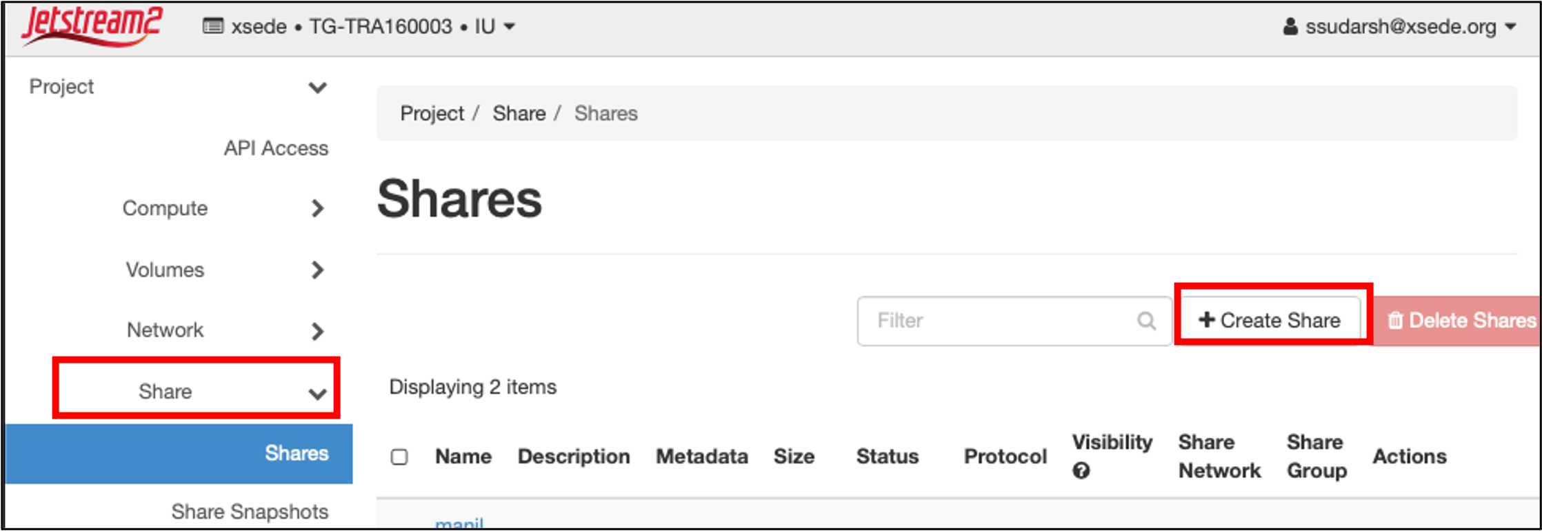 Screenshot of the Horizon "Shares" page, highlighting the "Share" section and the "+ Create Share" button