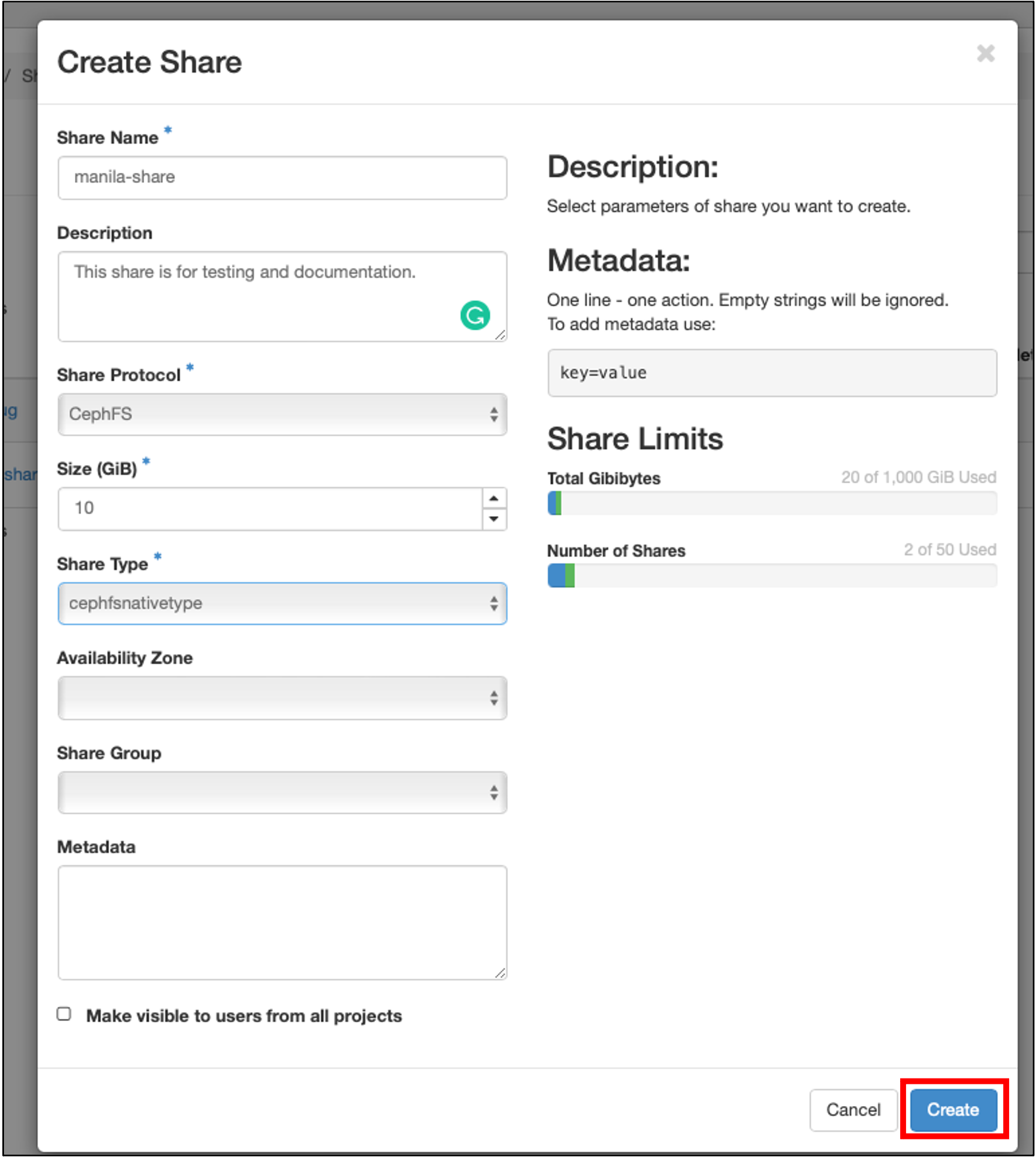 Screenshot of the "Create Share" modal