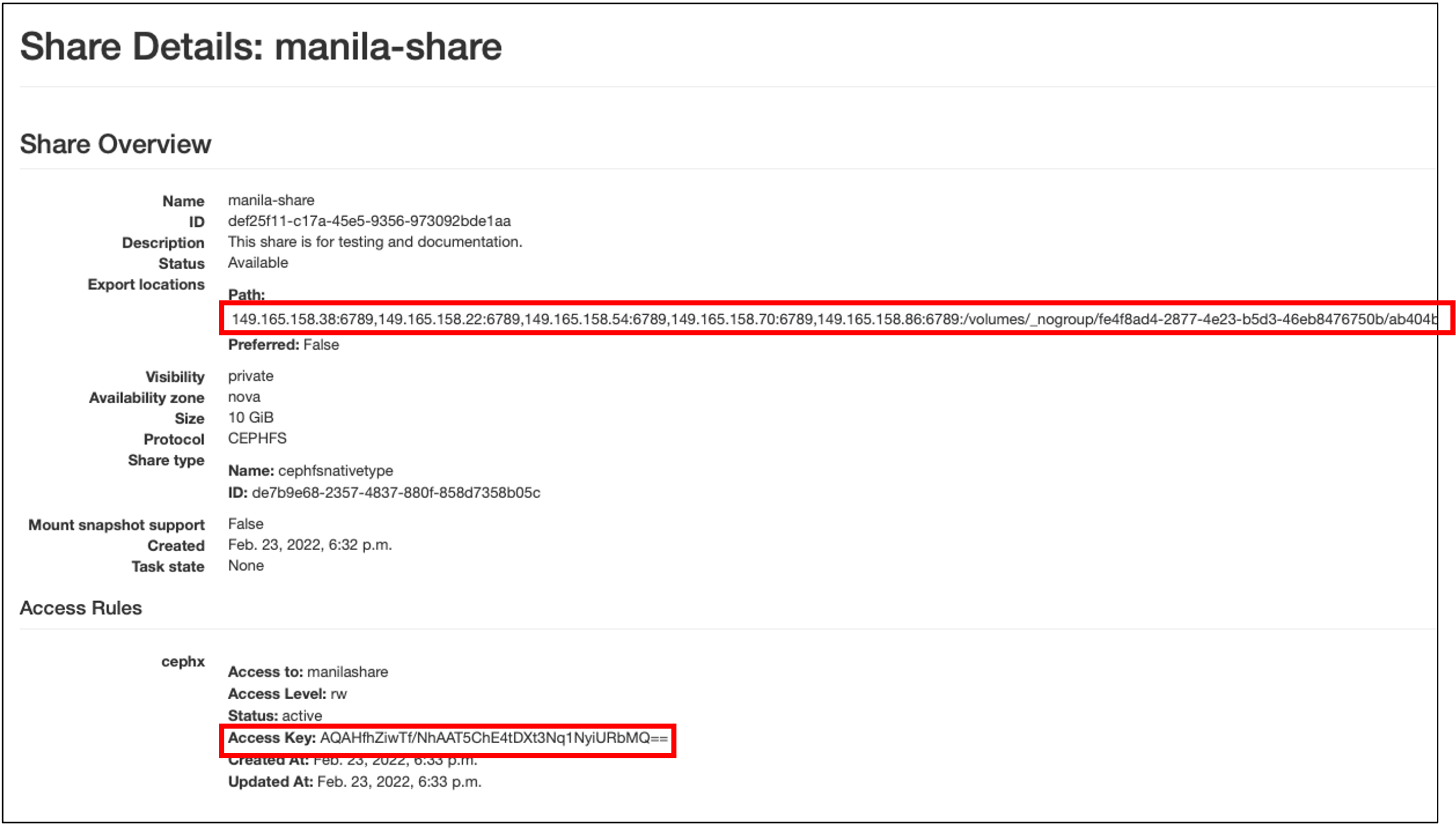 Screenshot of a "Share Details" page with the "Path" and "Access Key" rows circled in red