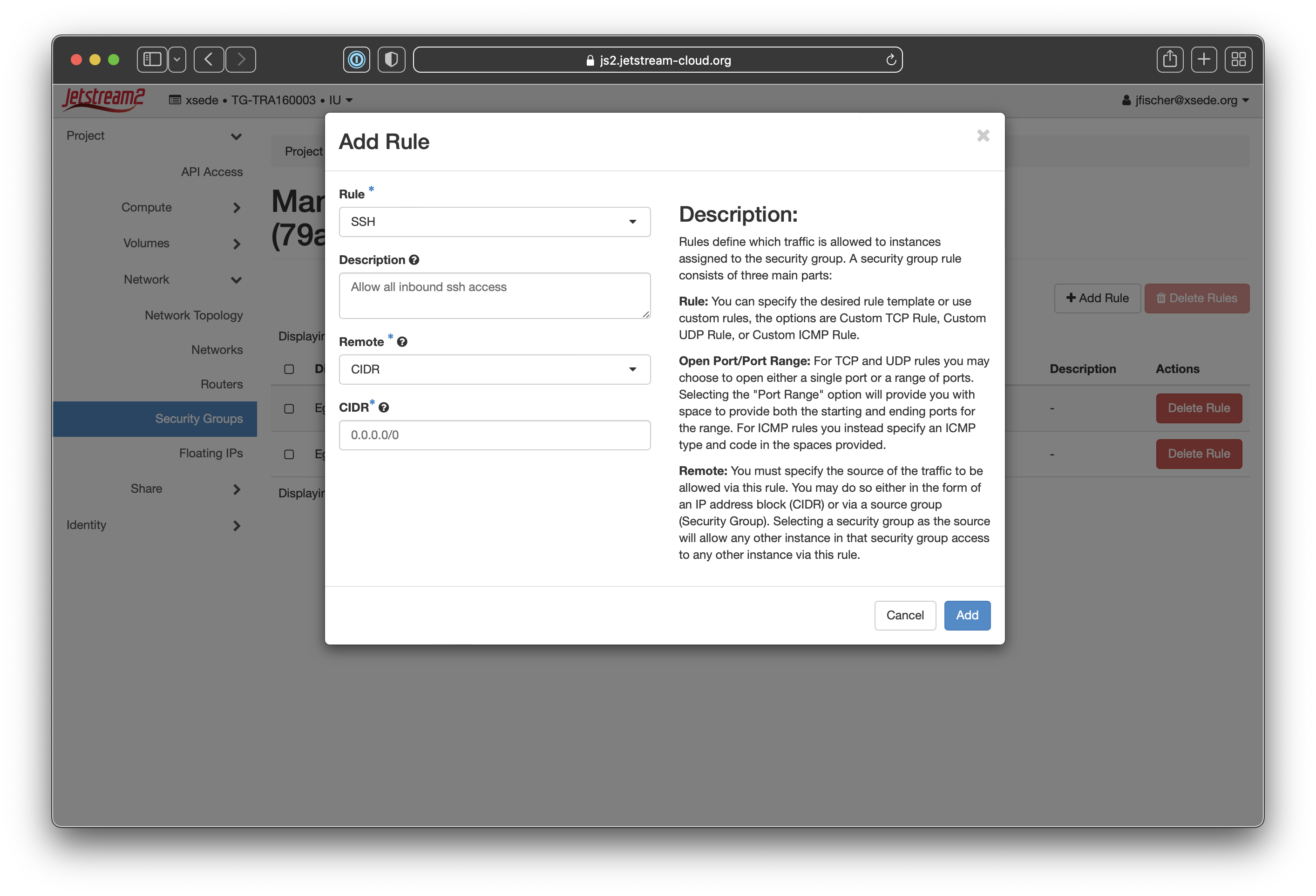 Screenshot of the "Add Rule" modal. The "Rule" dropdown has "SSH" selected, the "Description" field is populated with "Allow all inbound ssh access," the "Remote" dropdown has "CIDR" selected, and the "CIDR" field is populated with "0.0.0.0/0"