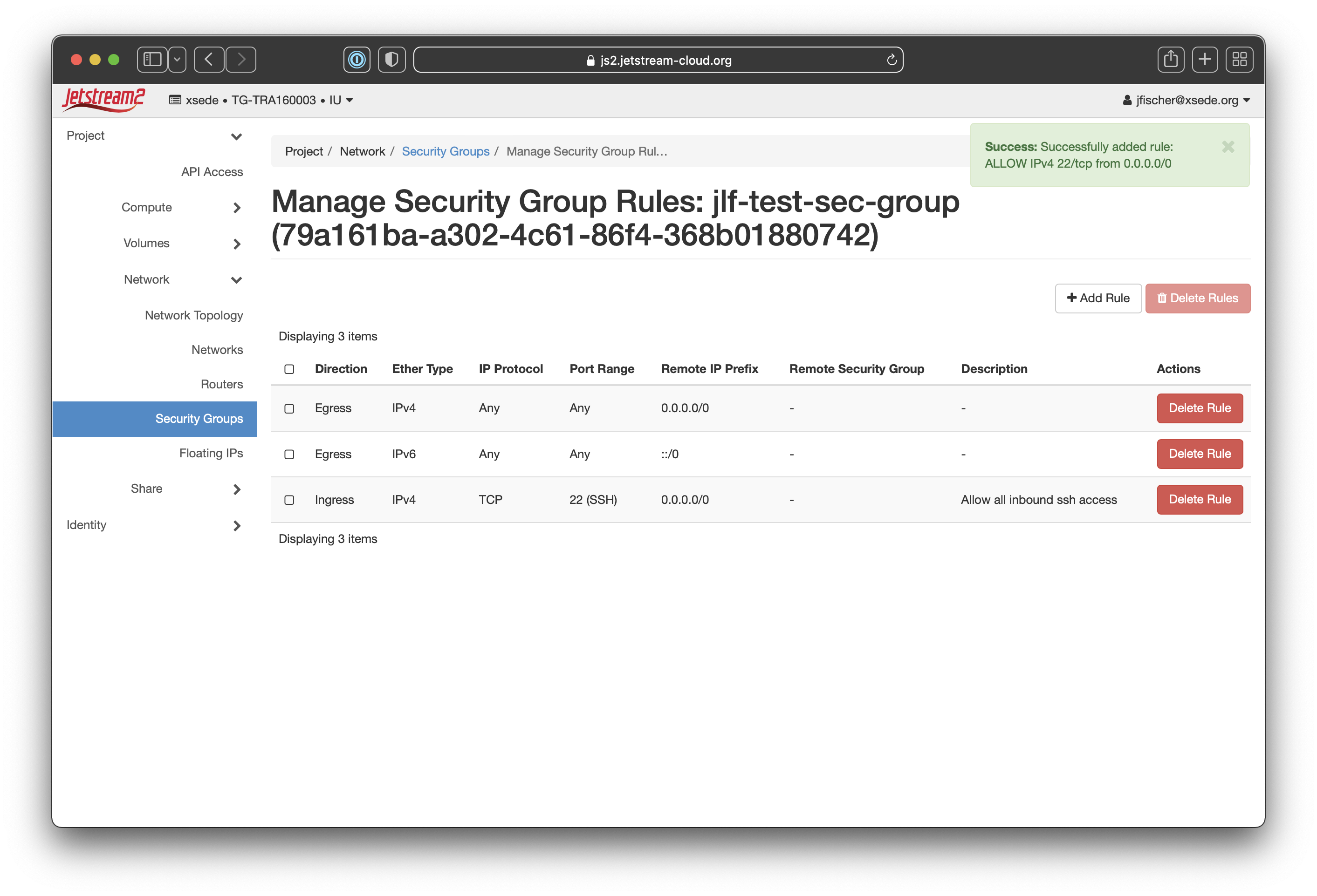 Screenshot showing the newly created security group rule and a green "Success" message in the top-right corner