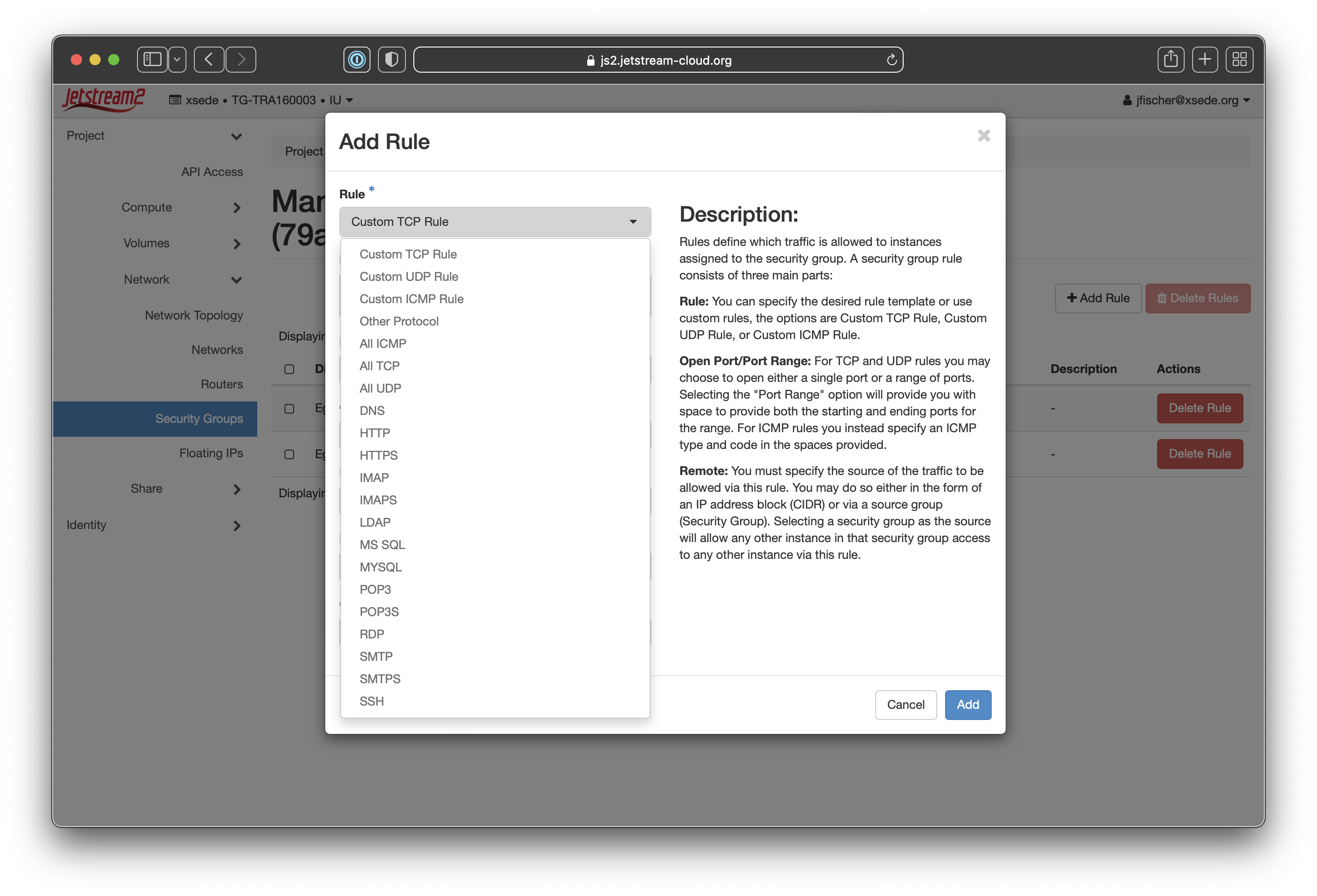 Screenshot of the "Add Rule" modal with the "Rule" dropdown opened