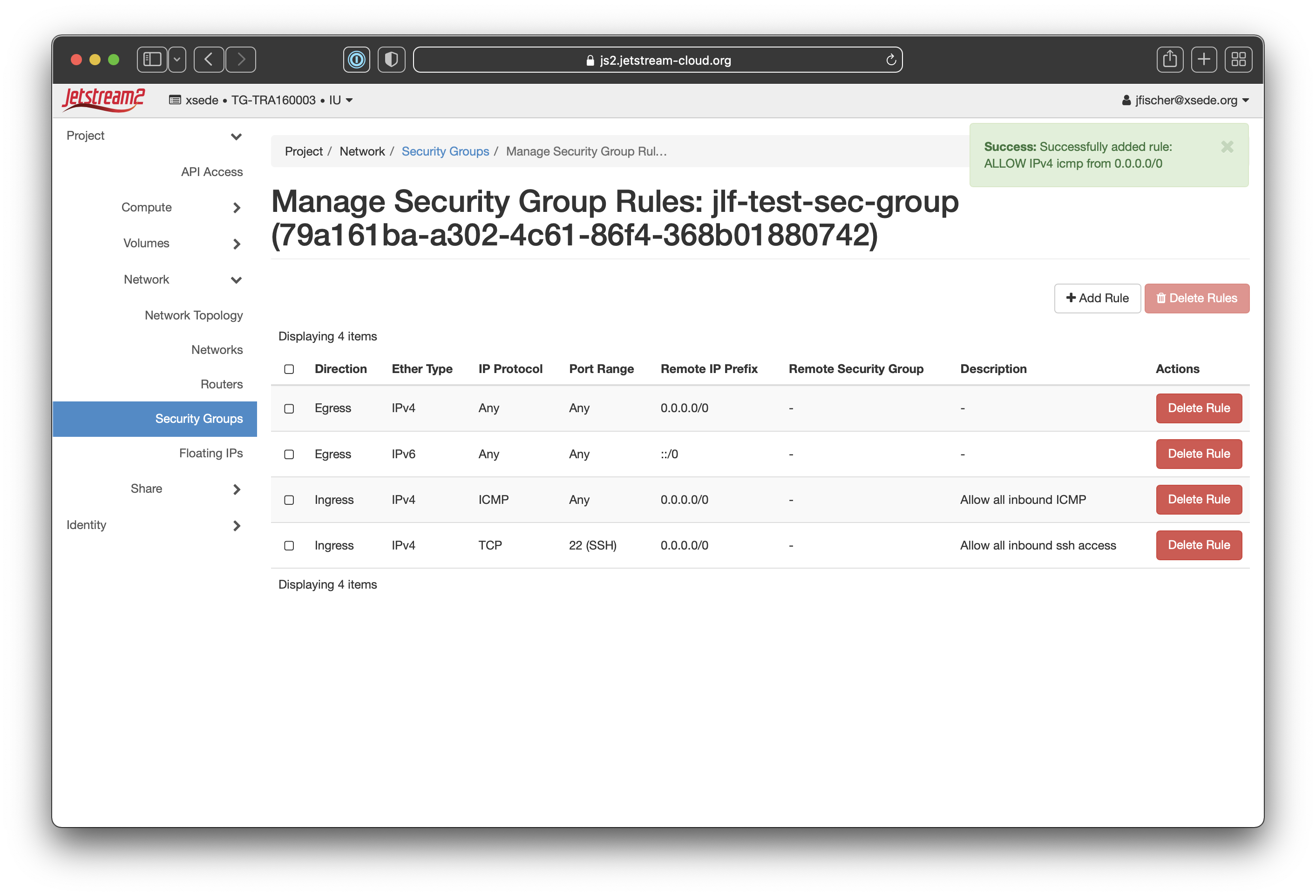 Screenshot showing the newly created security group rule and a green "Success" message in the top-right corner