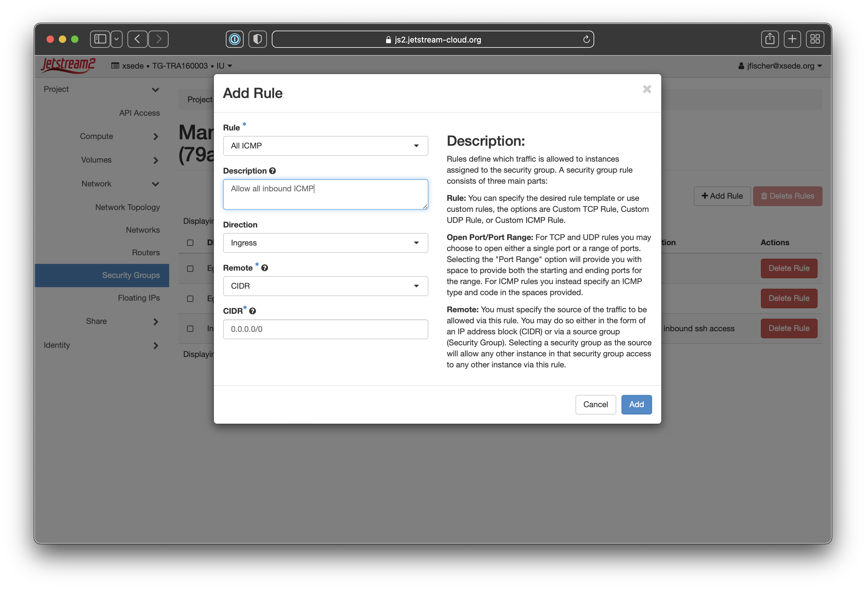 Screenshot of the "Add Rule" modal. The "Rule" dropdown has "All ICMP" selected, the "Description" field is populated with "Allow all inbound ICMP," the "Direction" dropdown has "Ingress" selected, the "Remote" dropdown has "CIDR" selected, and the "CIDR" field is populated with "0.0.0.0/0"