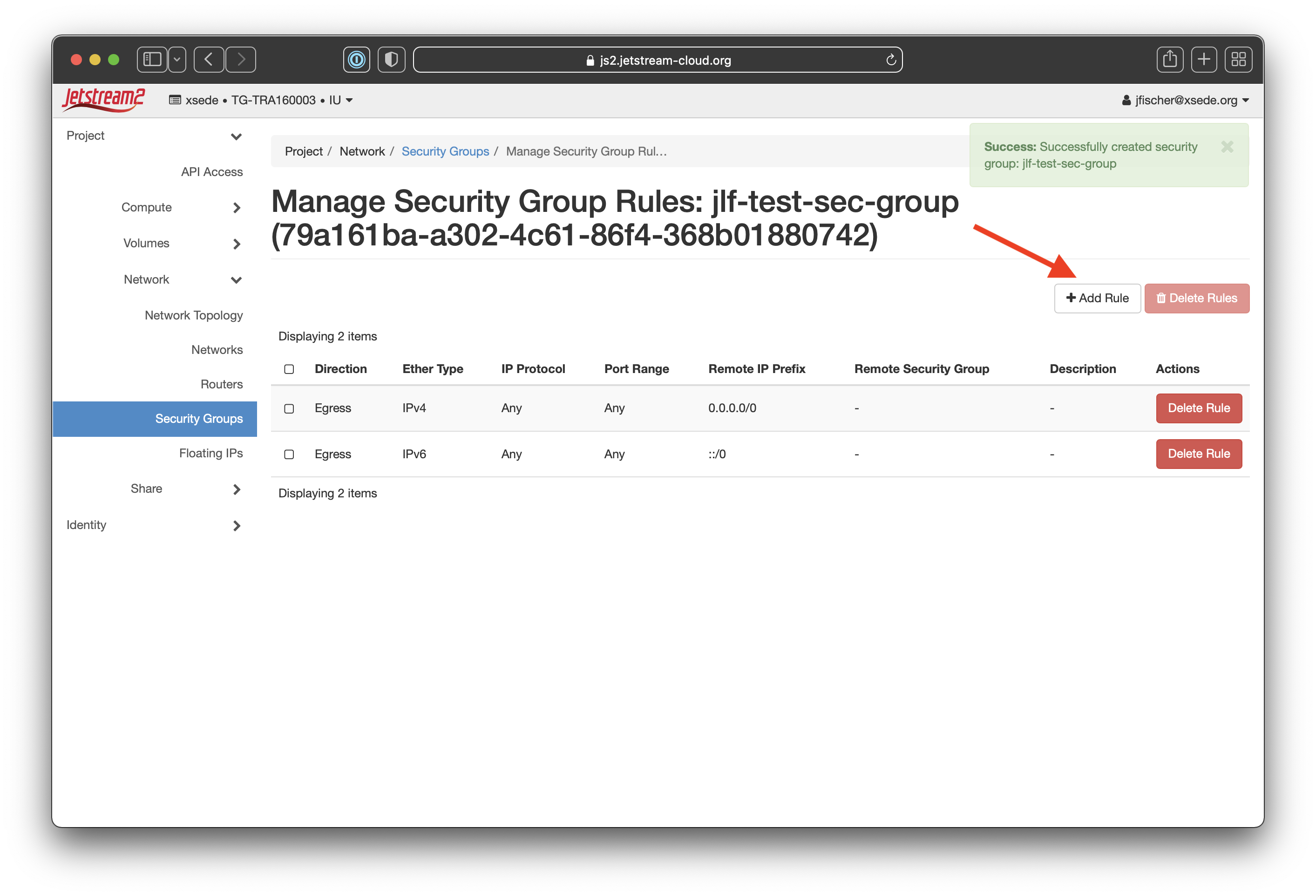 Screenshot with a red arrow pointing to the "+ Add Rule" button