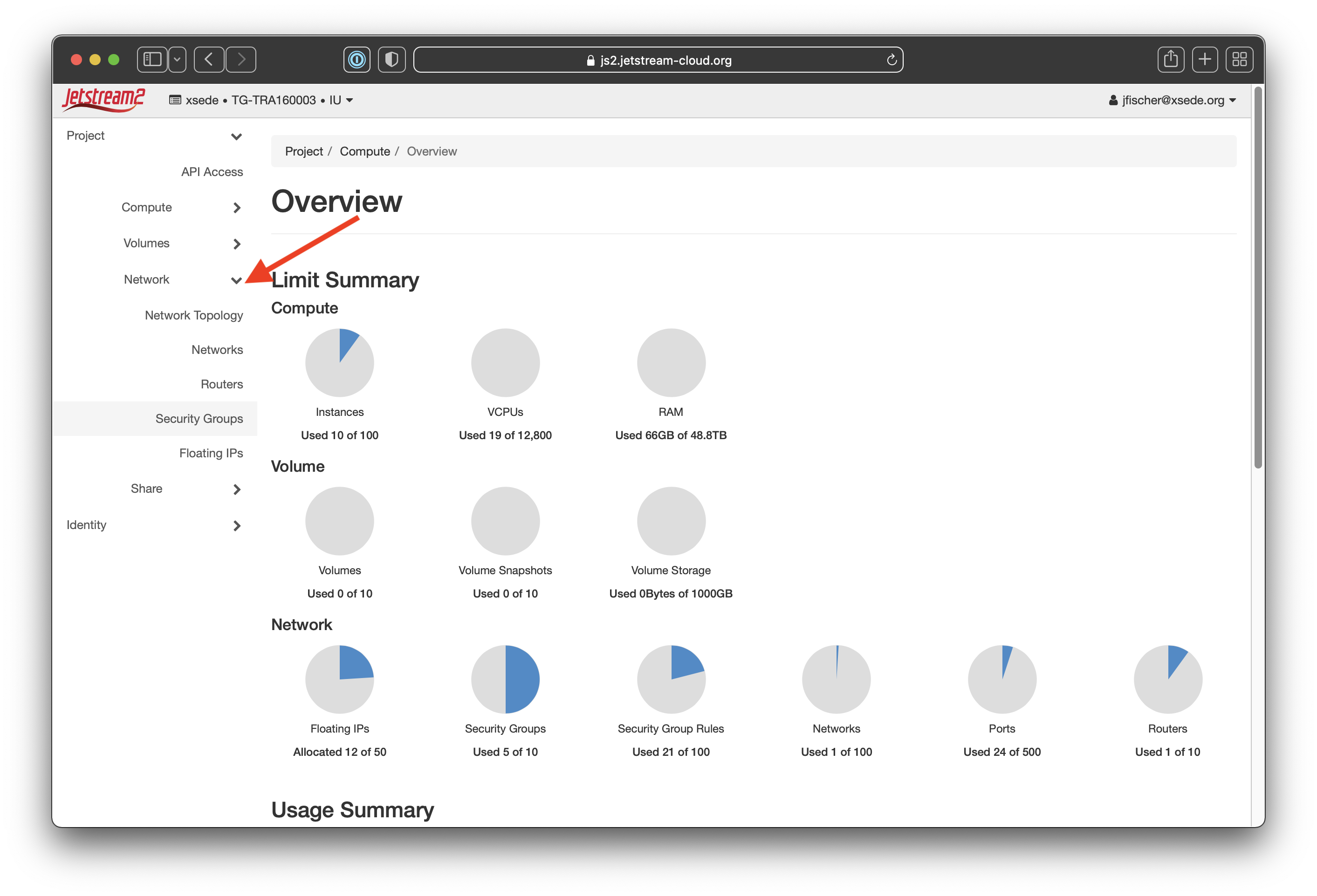 Screenshot with a red arrow pointing to the "Network" collapse toggle