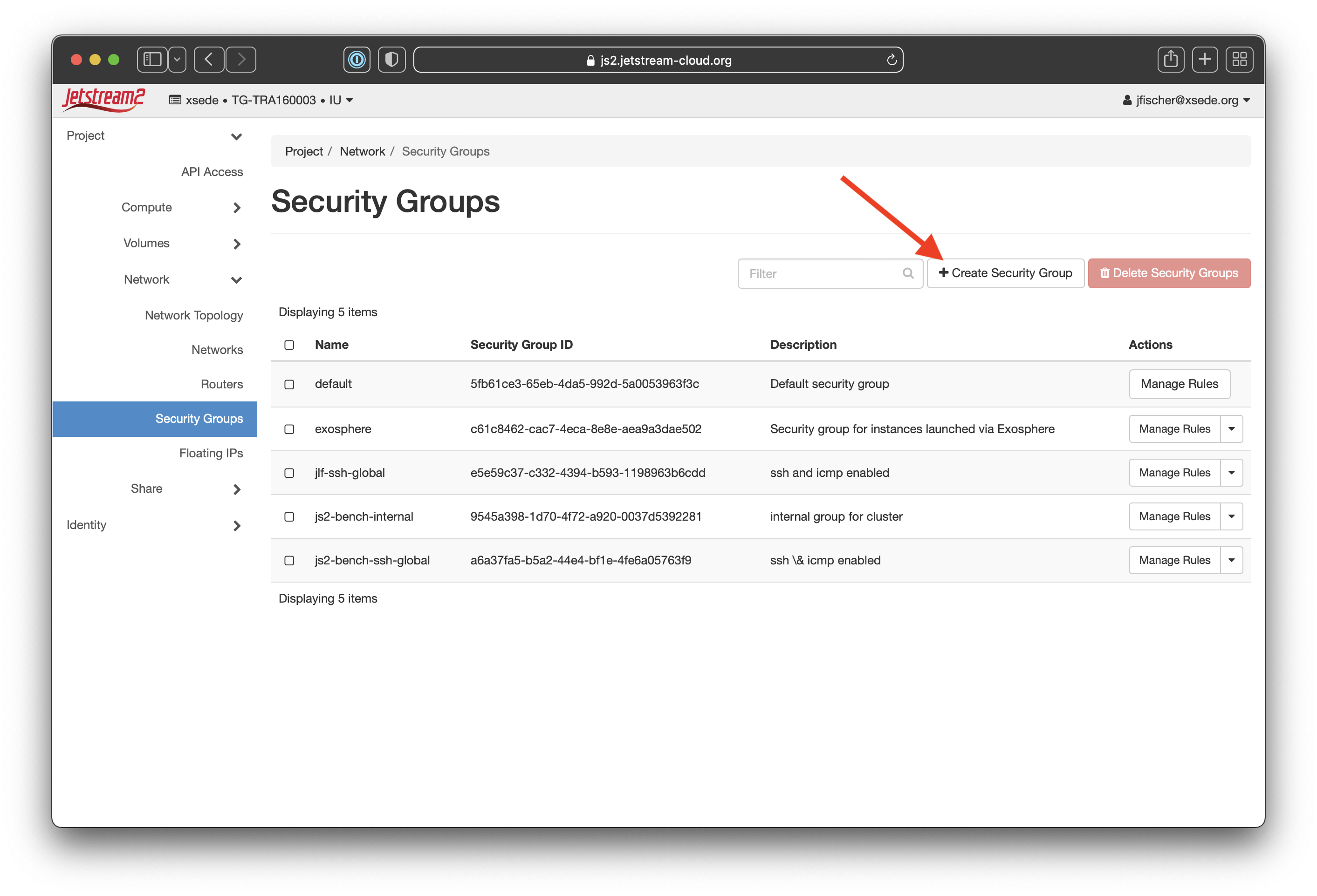 Screenshot with a red arrow pointing to the "+ Create Security Group" button