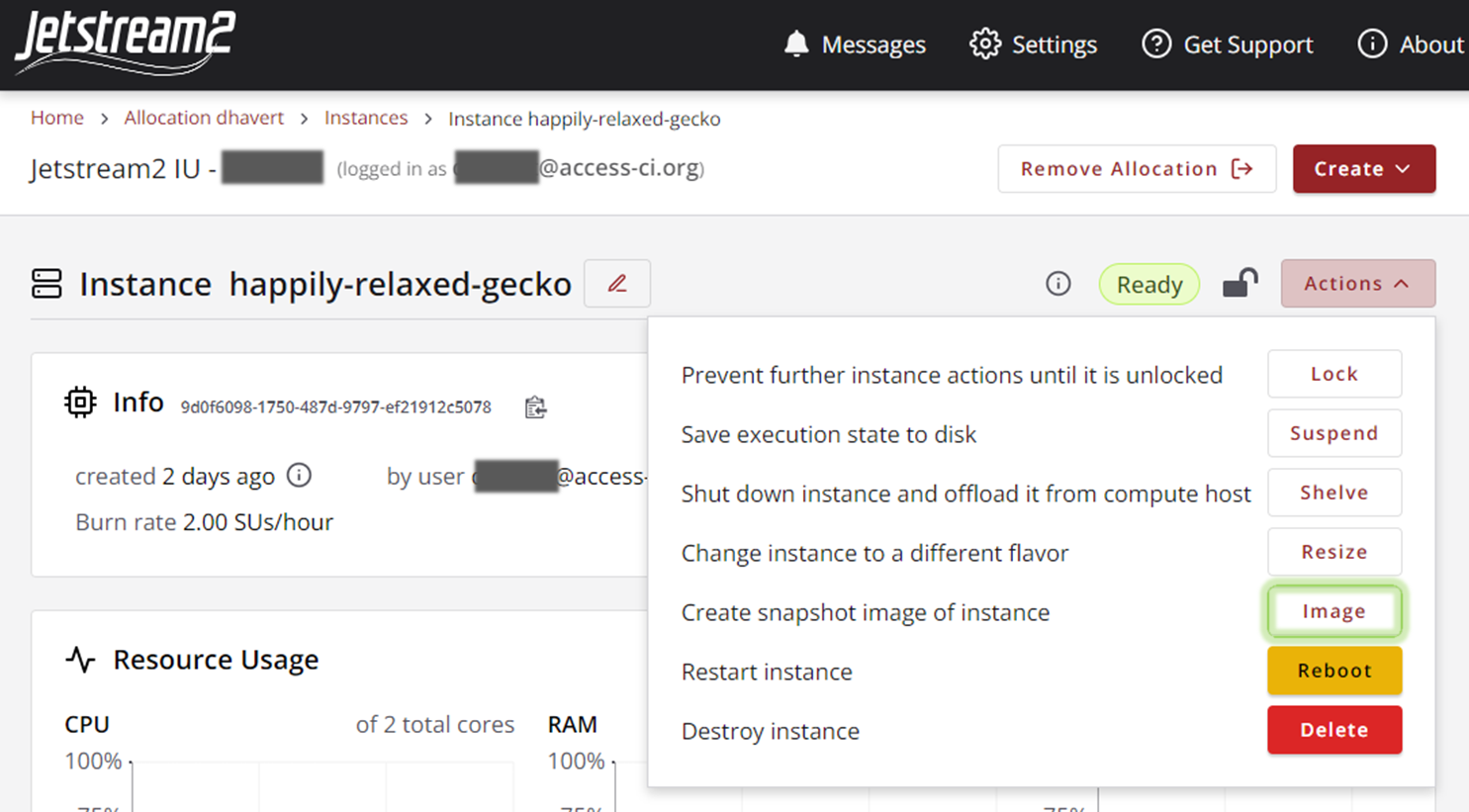 Select Actions, then Image from Instance Details page
