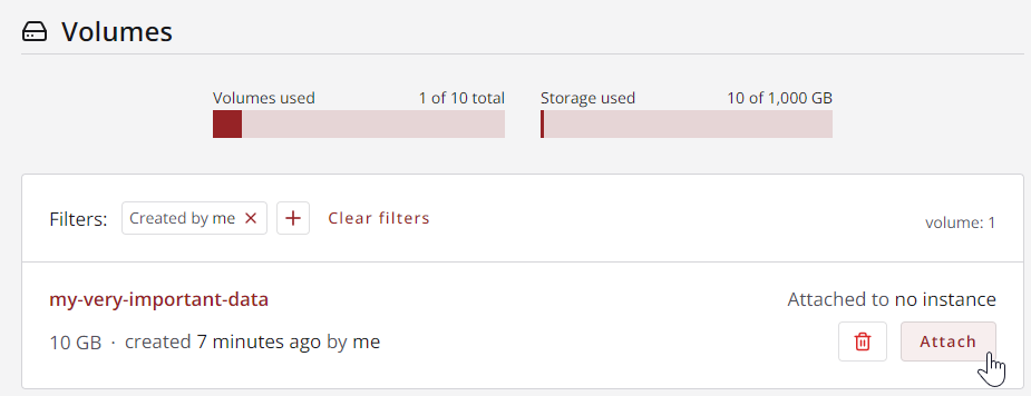attach volume from volume lists page