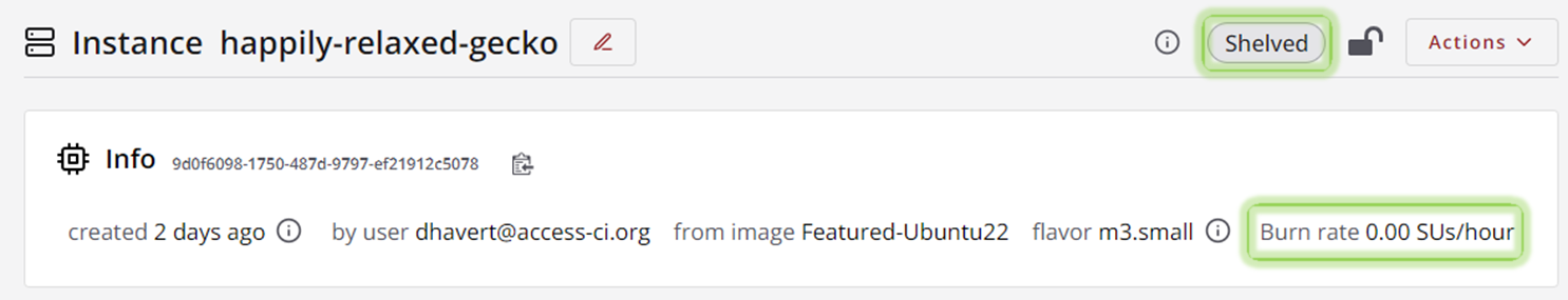 Instance status is shelved, and burn rate is zero