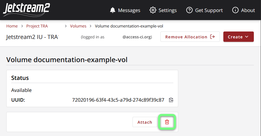 A screenshot of the Exosphere Volume details page with the trash can icon circled