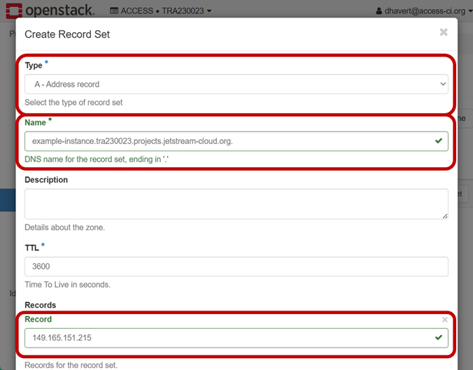 Screenshot of filled out "DNS Record Set Creation" Page in Horizon interface
