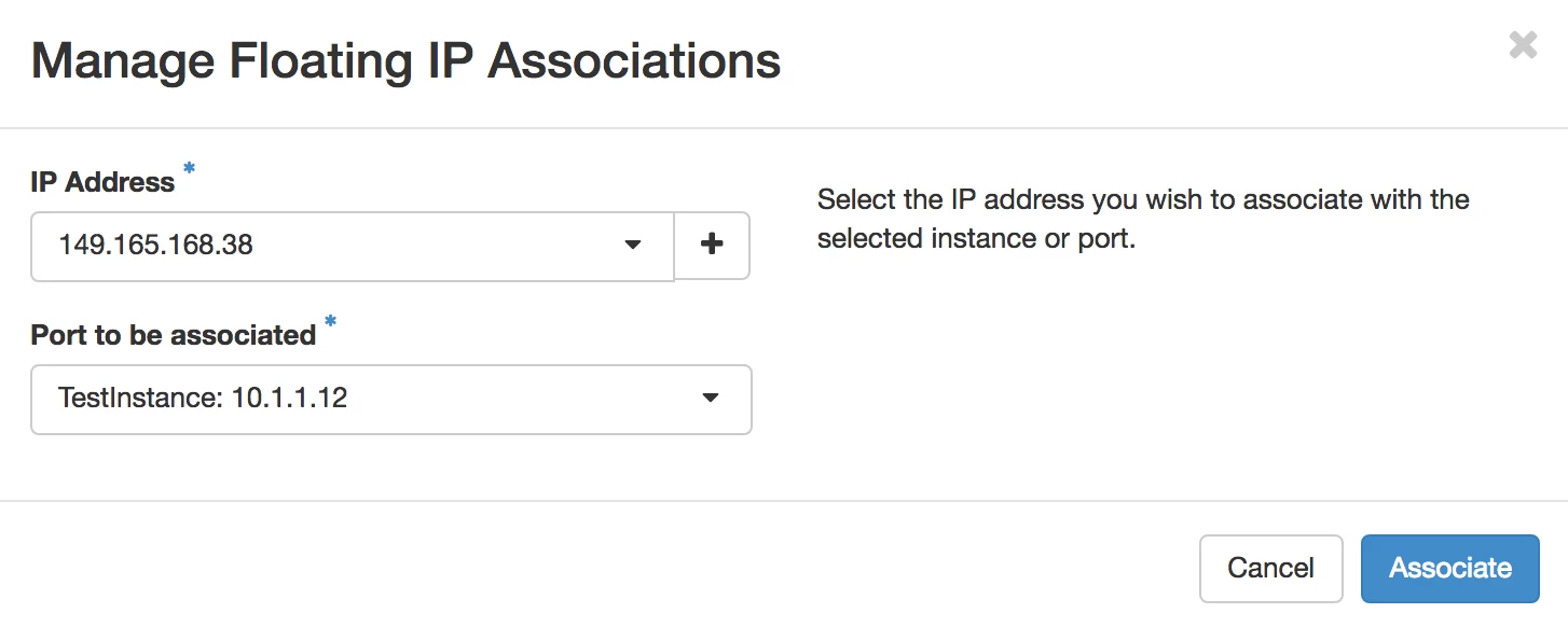 Screenshot of the "Manage Floating IP Associations" modal, now with an IP Address selected