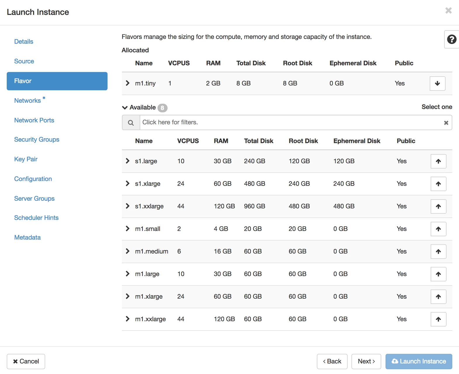 Screenshot of the "Launch Instance" modal's "Flavor" tab