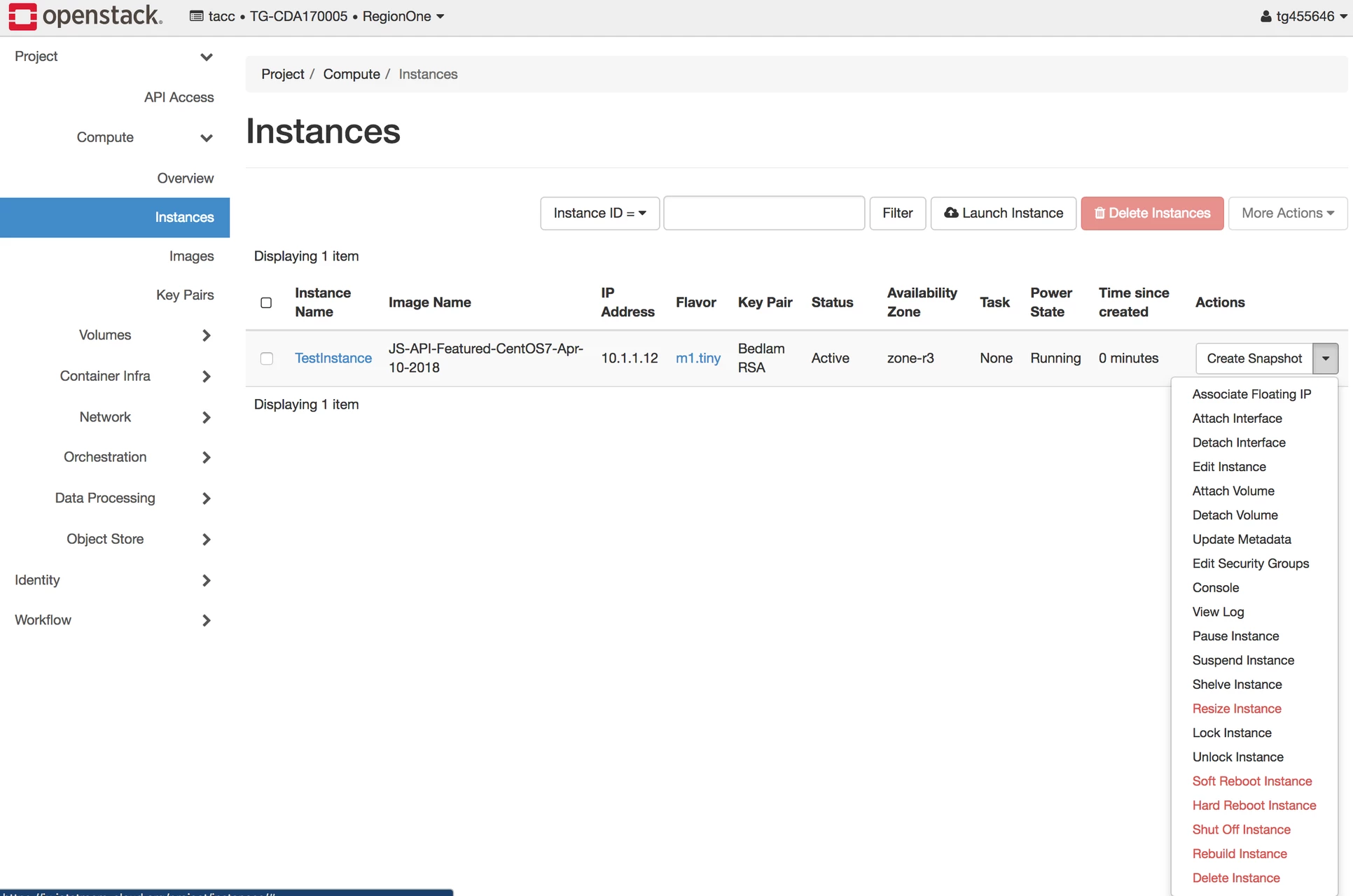Screenshot of Horizon "Instances" page with an instance's "Actions" dropdown opened