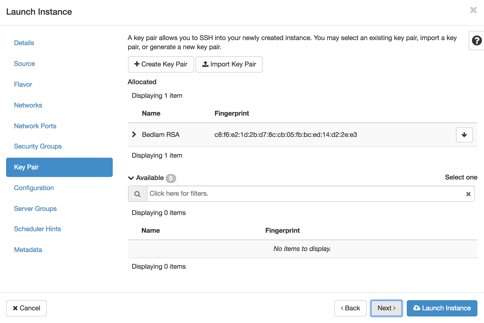 Screenshot of the "Launch Instance" modal's "Key Pair" tab
