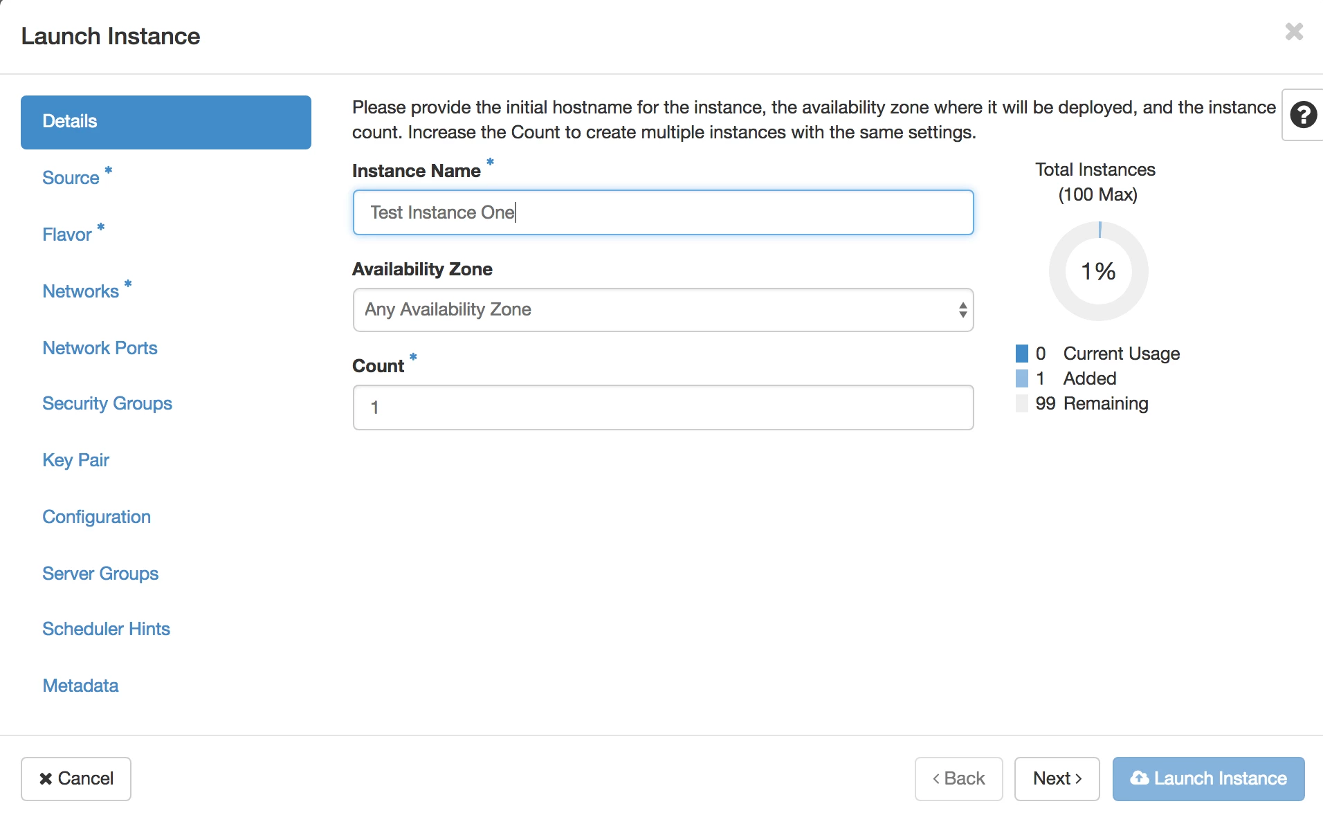 Screenshot of the "Launch Instance" modal's "Details" tab
