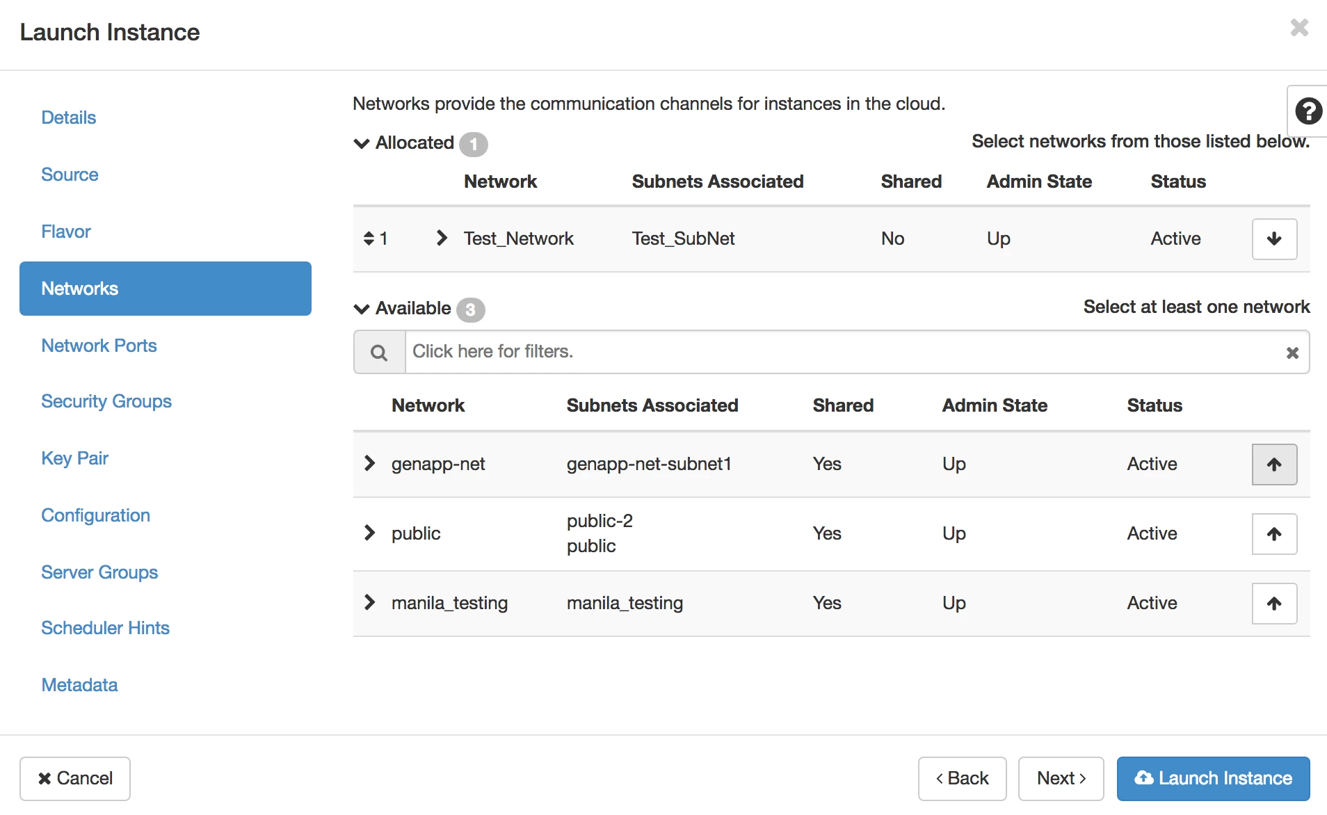 Screenshot of the "Launch Instance" modal's "Networks" tab