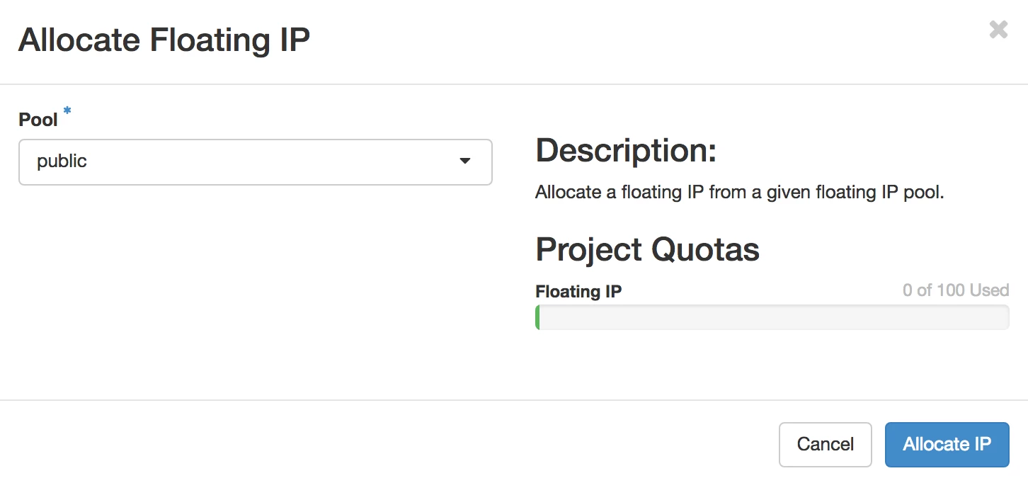 Screenshot of the "Allocate Floating IP" modal