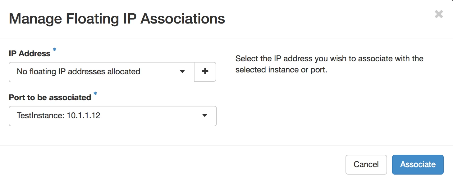 Screenshot of the "Manage Floating IP Associations" modal
