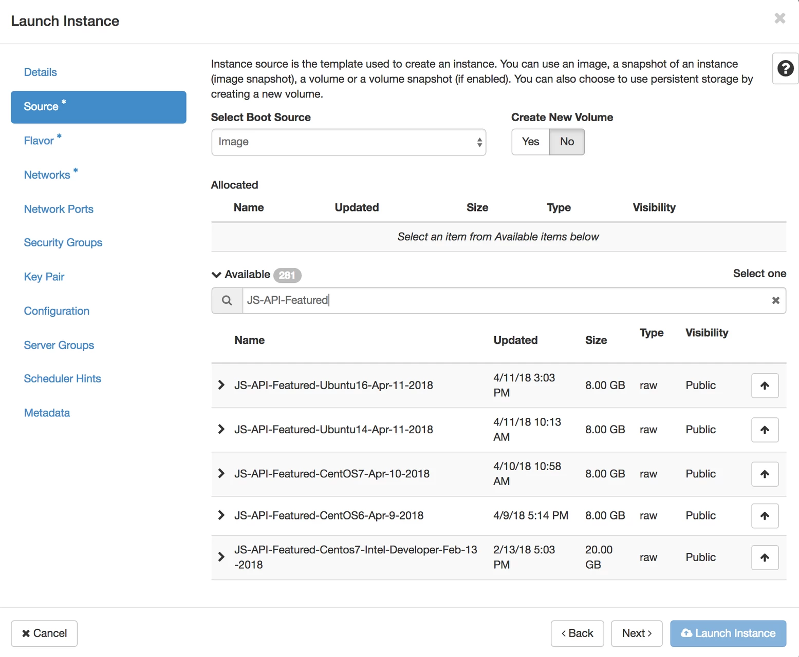Screenshot of the "Launch Instance" modal's "Source" tab
