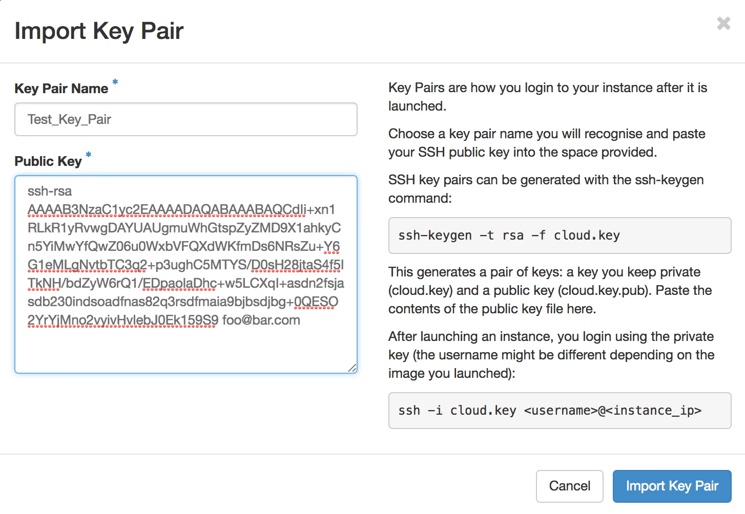 Screenshot of the "Import Key Pair" modal