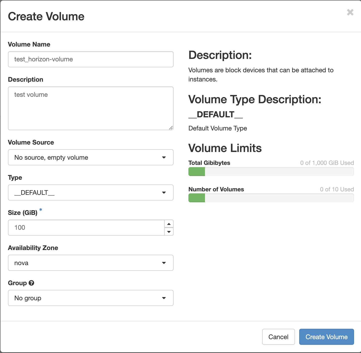 Screenshot of the "Create Volume" modal