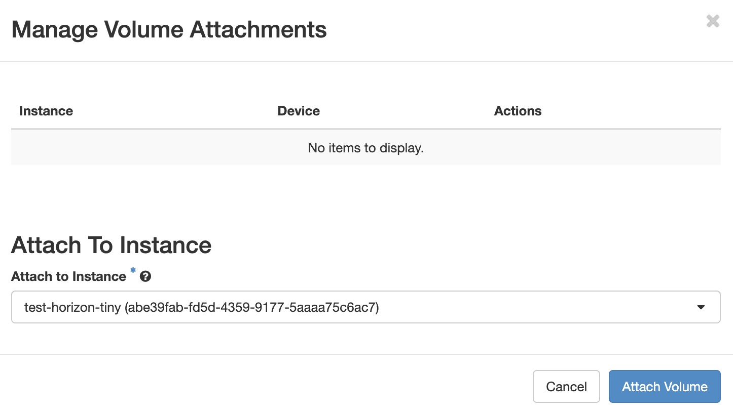 Screenshot of the "Manage Volume Attachments" modal