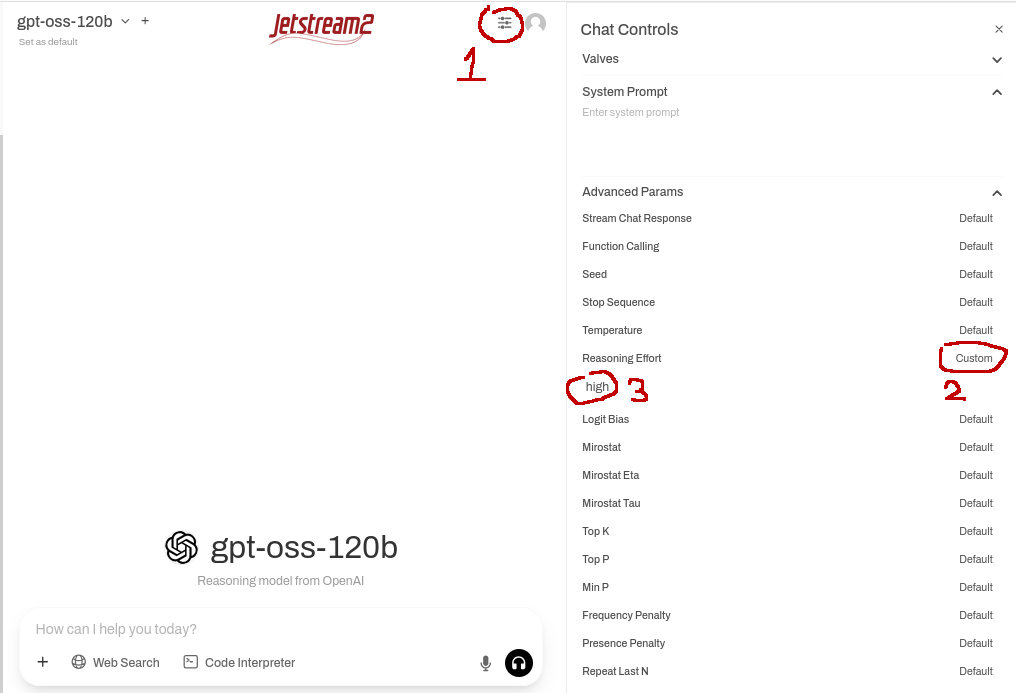 Screenshot of Open WebUI chat controls with reasoning effort overridden to high