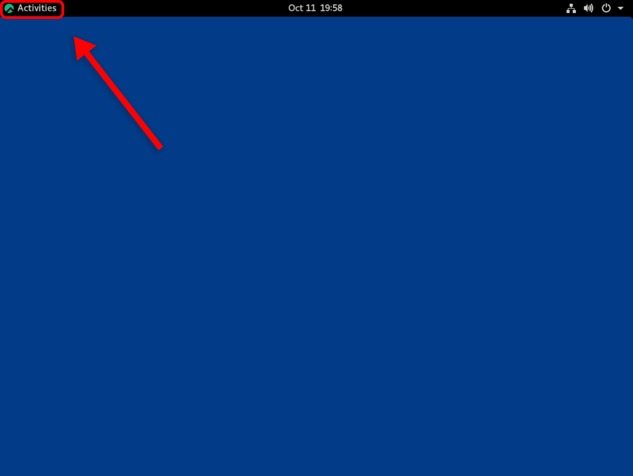 A screenshot showing the location of the Rocky Linux "Activities" menu